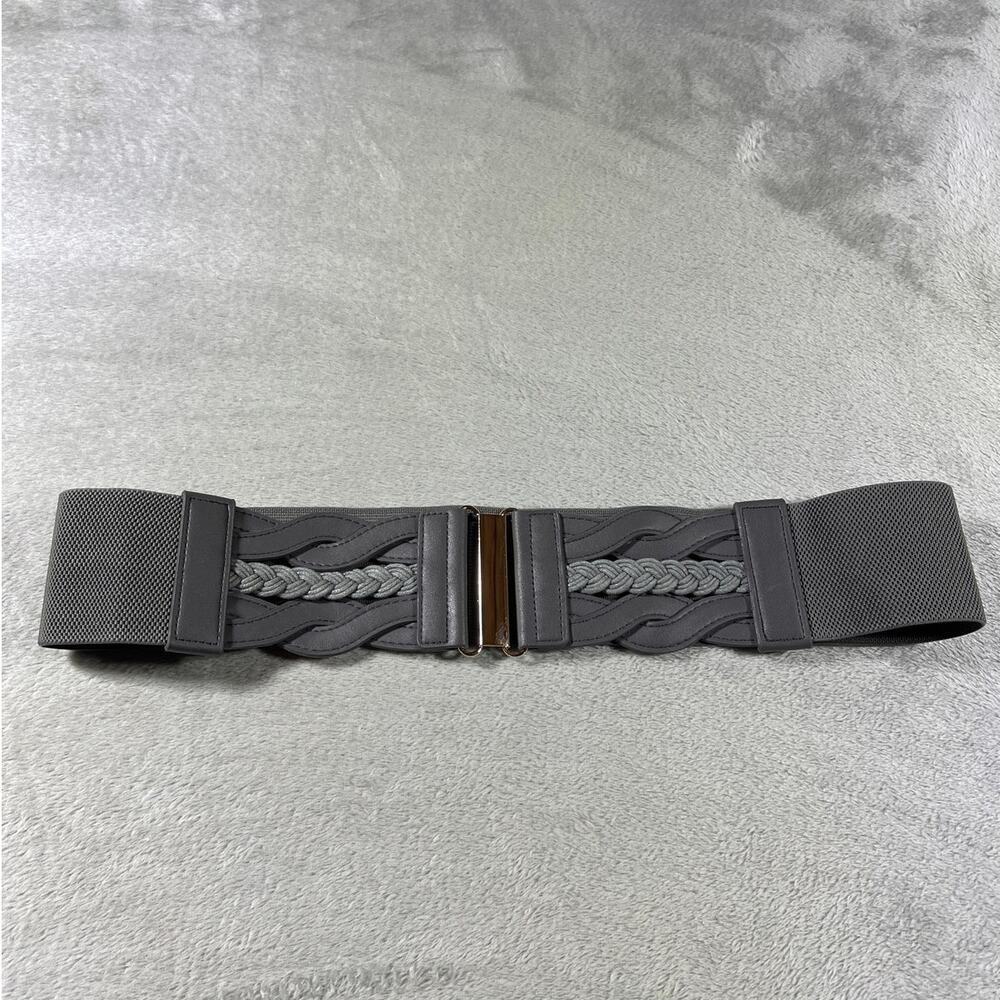 Gray Braided Waist Cincher Stretch Belt Gold Clasp Boho Western L XL - Picture 2 of 6